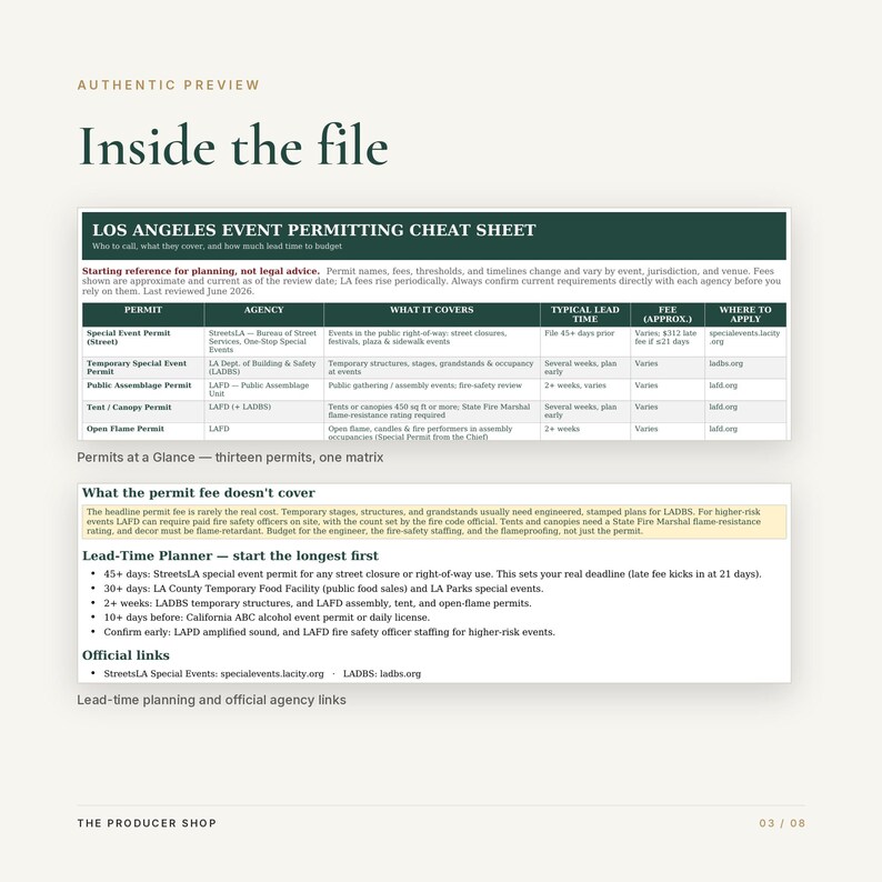May include: A digital document titled Los Angeles Event Permitting Cheat Sheet, featuring a dark green header and a table outlining permit types, agencies, coverage, lead times, and fees. It includes a lead-time planner and official agency links.