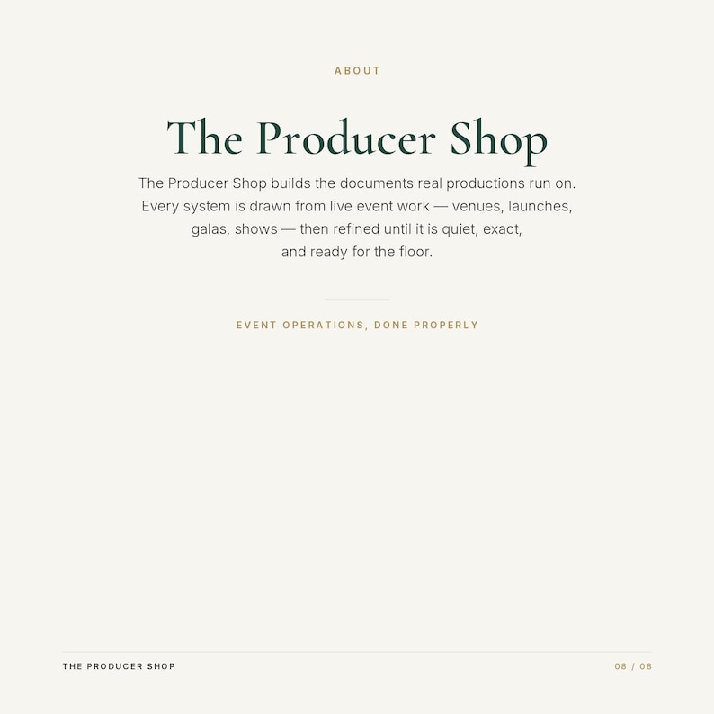 May include: A white informational graphic with dark green text reading The Producer Shop. The text describes documents for live event productions, including venues, launches, galas, and shows. The footer includes the text Event Operations, Done Properly.