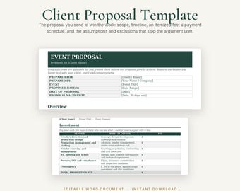 Client Proposal Template | Event Planner Proposal, Scope of Work, Timeline, Investment and Payment Schedule | Editable Word