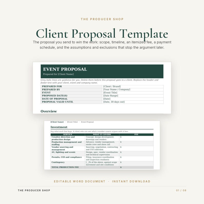 K&ouml;nnte beinhalten: Eine digitale Kundenvorlage mit dem Titel The Producer Shop Client Proposal Template. Sie enth&auml;lt Abschnitte f&uuml;r Veranstaltungsvorschl&auml;ge, Kundennamen, Daten und eine Investitionstabelle mit Spalten f&uuml;r Dienstleistung, Umfang und Geb&uuml;hr.