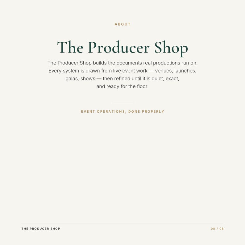 May include: A white informational graphic with dark green text reading The Producer Shop. The text describes documents for live event productions, including venues, launches, galas, and shows. The footer includes the text Event Operations, Done Properly.