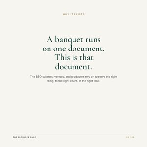 May include: A white document page with the text WHY IT EXISTS at the top. The center reads: A banquet runs on one document. This is that document. The BEO caterers, venues, and producers rely on to serve the right thing, to the right count, at the right time. THE PRODUCER SHOP is at the bottom left, and 05 / 08 is at the bottom right.