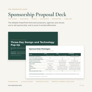 May include: A digital sponsorship proposal deck template for PowerPoint featuring a dark green cover slide titled Three-Day Design and Technology Pop-Up and a white slide displaying a comparison table of Silver, Gold, and Presenting sponsorship packages.