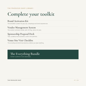 K&ouml;nnte beinhalten: Ein digitales Dokument mit dem Titel The Producer Shop Library Complete your toolkit. Es listet ein Brand Activation Kit, Vendor Management System, Sponsorship Proposal Deck, Venue Site Visit Checklist und ein dunkelgr&uuml;nes Feld The Everything Bundle.