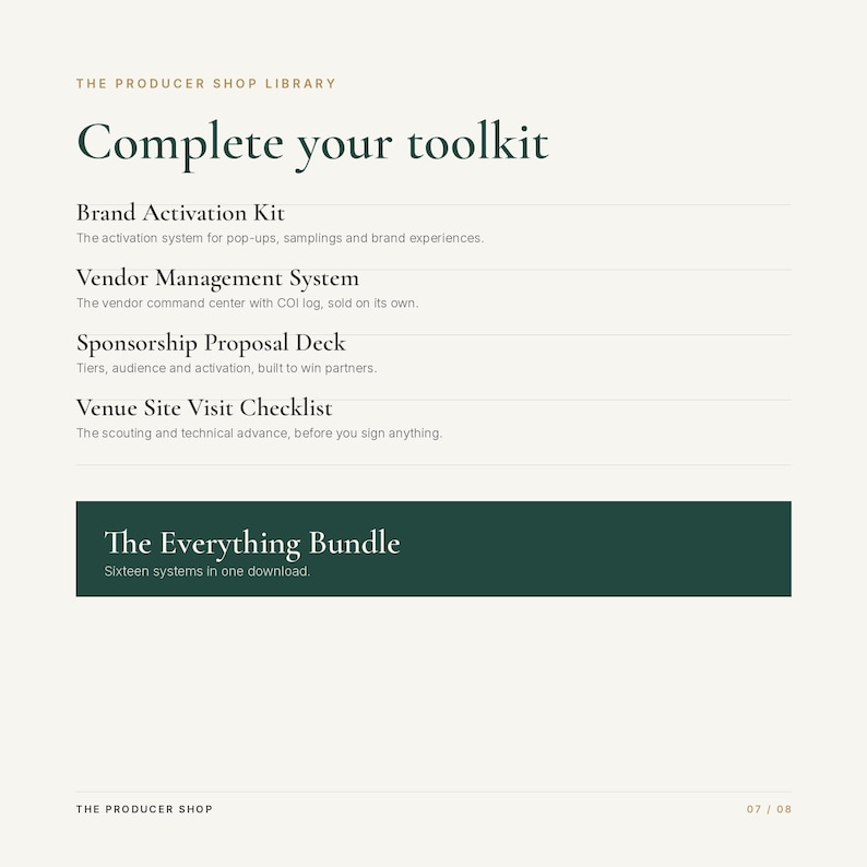 K&ouml;nnte beinhalten: Ein digitales Dokument mit dem Titel The Producer Shop Library Complete your toolkit. Es listet ein Brand Activation Kit, Vendor Management System, Sponsorship Proposal Deck, Venue Site Visit Checklist und ein dunkelgr&uuml;nes Feld The Everything Bundle.