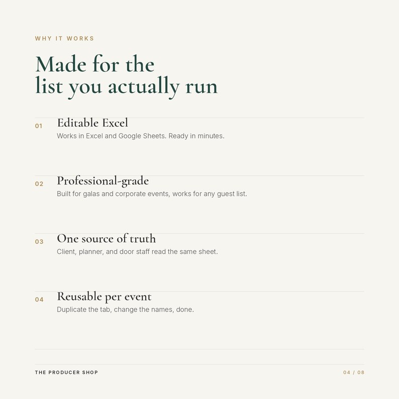 May include: A digital document page titled Why It Works, Made for the list you actually run. It lists four features: 01 Editable Excel, 02 Professional-grade, 03 One source of truth, and 04 Reusable per event, with descriptive text for each.