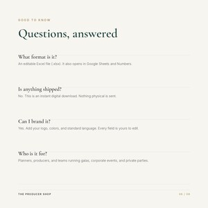 May include: A digital information graphic titled Good to Know Questions, answered. It lists four FAQs regarding an editable Excel file format, digital download delivery, branding customization options, and the target audience of event planners.