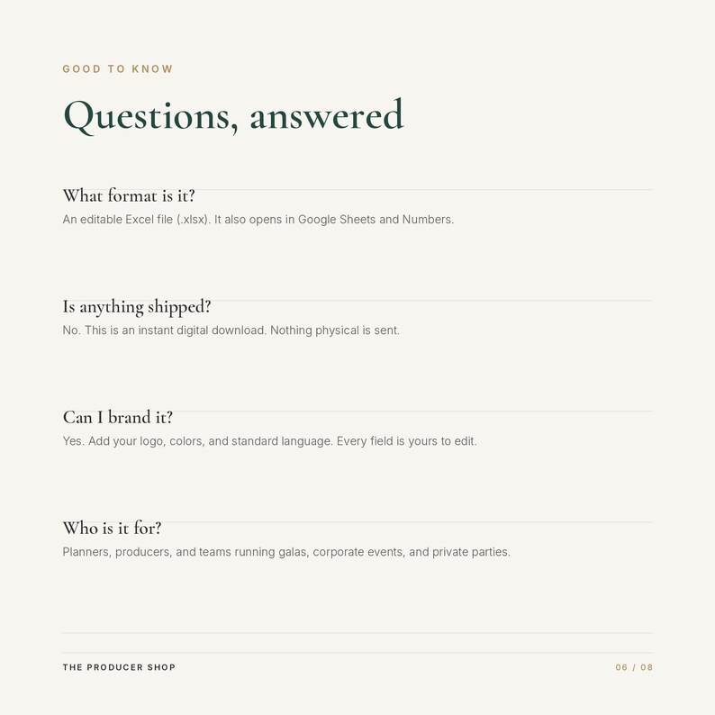 May include: A digital information graphic titled Good to Know Questions, answered. It lists four FAQs regarding an editable Excel file format, digital download delivery, branding customization options, and the target audience of event planners.