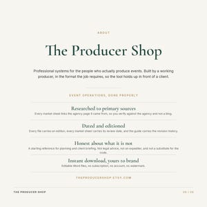 May include: A digital information graphic titled The Producer Shop, featuring dark green text on a light background. It outlines professional event production systems, including details on researched sources, dated editions, and editable Word file downloads.