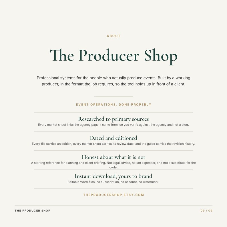 May include: A digital information graphic titled The Producer Shop, featuring dark green text on a light background. It outlines professional event production systems, including details on researched sources, dated editions, and editable Word file downloads.