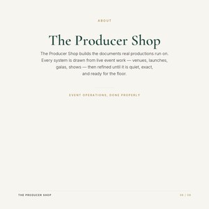 May include: A white informational graphic with dark green text reading The Producer Shop. The text describes documents for live event productions, including venues, launches, galas, and shows. The footer includes the text Event Operations, Done Properly.