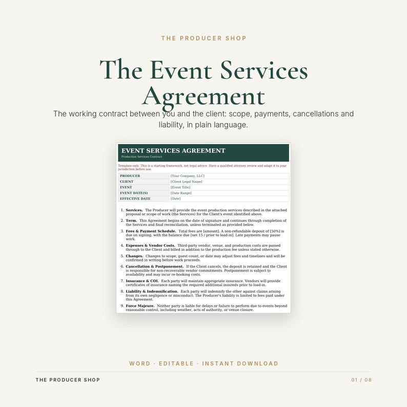 May include: A digital document titled The Event Services Agreement from The Producer Shop. The text outlines a contract template with sections for producer, client, event details, and nine numbered clauses covering services, payment, and liability.