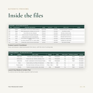 K&ouml;nnte beinhalten: Ein Dokument mit dem Titel Authentic Previews Inside the files, das zwei Tabellen enth&auml;lt. Die erste Tabelle ist ein Product Launch Countdown, die zweite ein Launch Day Media & Content Plan. Beide Tabellen enthalten Spalten f&uuml;r Aufgaben und Status.