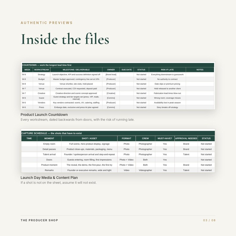 K&ouml;nnte beinhalten: Ein Dokument mit dem Titel Authentic Previews Inside the files, das zwei Tabellen enth&auml;lt. Die erste Tabelle ist ein Product Launch Countdown, die zweite ein Launch Day Media & Content Plan. Beide Tabellen enthalten Spalten f&uuml;r Aufgaben und Status.