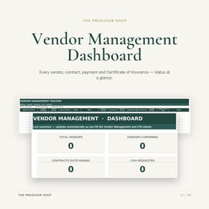 May include: A digital vendor management dashboard template featuring a dark green header with white text. The interface includes a tracker spreadsheet and a summary dashboard with four boxes displaying zero for total vendors, confirmed, contracts, and COIs.