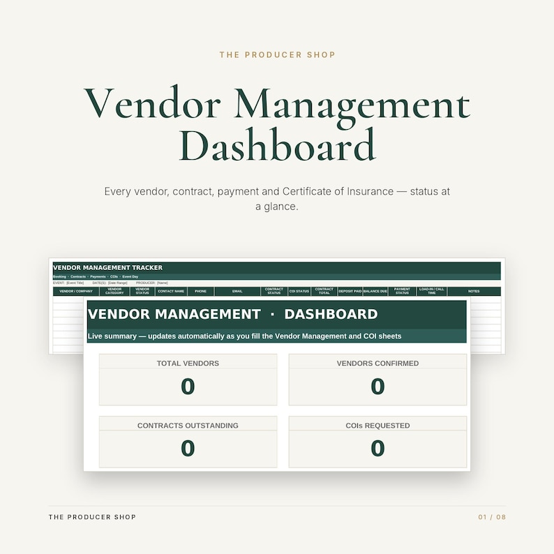 May include: A digital vendor management dashboard template featuring a dark green header with white text. The interface includes a tracker spreadsheet and a summary dashboard with four boxes displaying zero for total vendors, confirmed, contracts, and COIs.