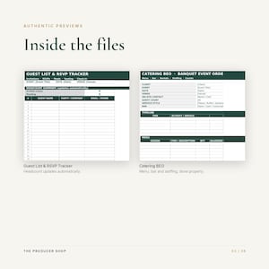 May include: A digital template set titled Inside the files, featuring a Guest List & RSVP Tracker with columns for guest names and contact info, and a Catering BEO Banquet Event Order form with sections for client details, timeline, and menu items.
