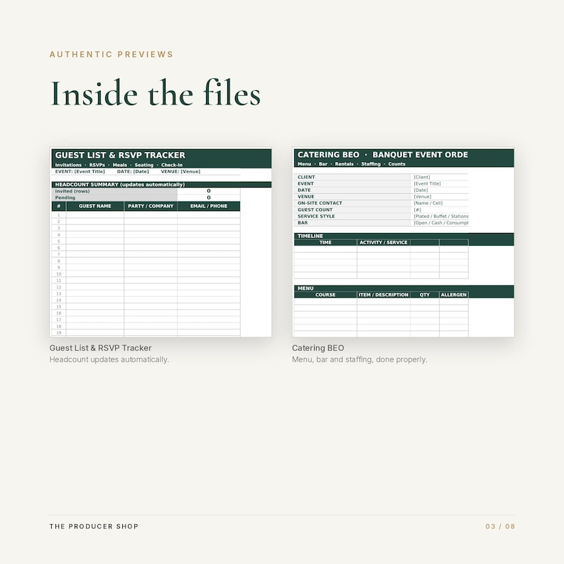 May include: A digital template set titled Inside the files, featuring a Guest List & RSVP Tracker with columns for guest names and contact info, and a Catering BEO Banquet Event Order form with sections for client details, timeline, and menu items.