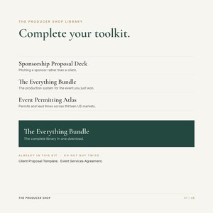 May include: A digital document titled The Producer Shop Library Complete your toolkit. It lists resources including Sponsorship Proposal Deck, The Everything Bundle, Event Permitting Atlas, and The Everything Bundle, with additional text about client templates.