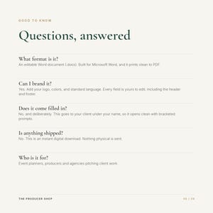 K&ouml;nnte beinhalten: Eine digitale Dokumentenseite mit dem Titel Good to Know, Questions, answered. Sie enth&auml;lt Informationen &uuml;ber das bearbeitbare Word-Dokumentformat, Branding-Optionen, Inhaltsaufforderungen und die Zielgruppe f&uuml;r Eventplaner.