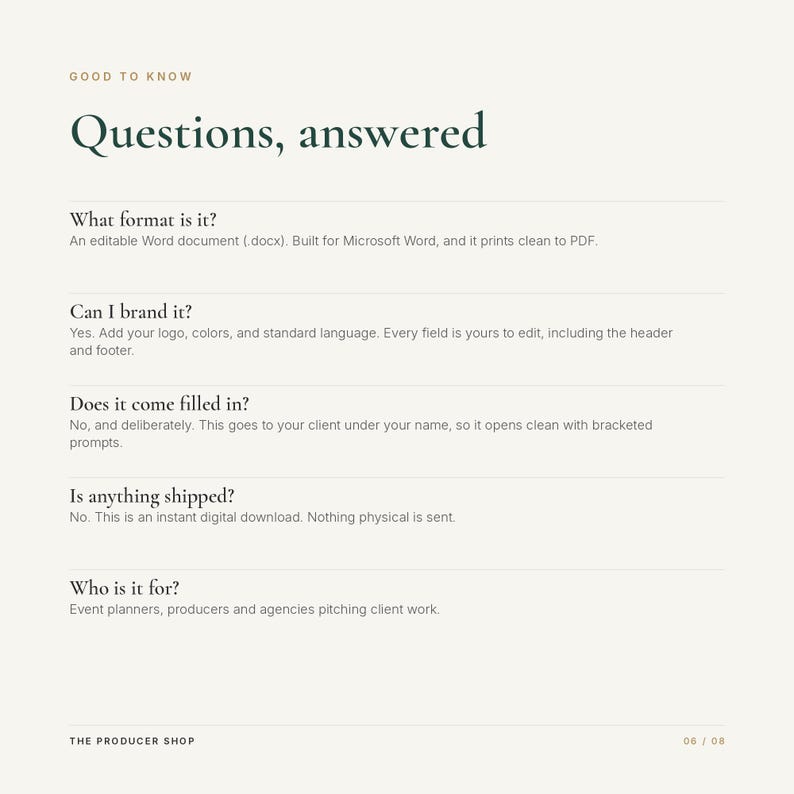 K&ouml;nnte beinhalten: Eine digitale Dokumentenseite mit dem Titel Good to Know, Questions, answered. Sie enth&auml;lt Informationen &uuml;ber das bearbeitbare Word-Dokumentformat, Branding-Optionen, Inhaltsaufforderungen und die Zielgruppe f&uuml;r Eventplaner.