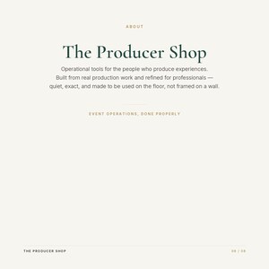 May include: A white informational graphic with dark green text reading The Producer Shop, followed by a description of operational tools for production professionals, and the text Event Operations, Done Properly, with page number 08 / 08 at the bottom.