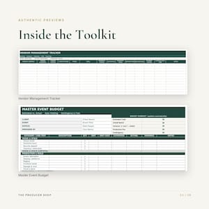 Może przedstawiać: Cyfrowy dokument zestawu narzędzi zatytułowany Inside the Toolkit, zawierający moduł śledzenia dostawc&oacute;w z kolumnami na dane dostawc&oacute;w oraz gł&oacute;wny budżet wydarzenia z sekcjami na informacje o kliencie, podsumowanie budżetu i wydatki.