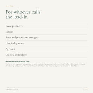 May include: A light-colored informational document titled Made for For whoever calls the load-in. It lists target audiences including event producers, venues, stage and production managers, hospitality teams, agencies, and cultural institutions.