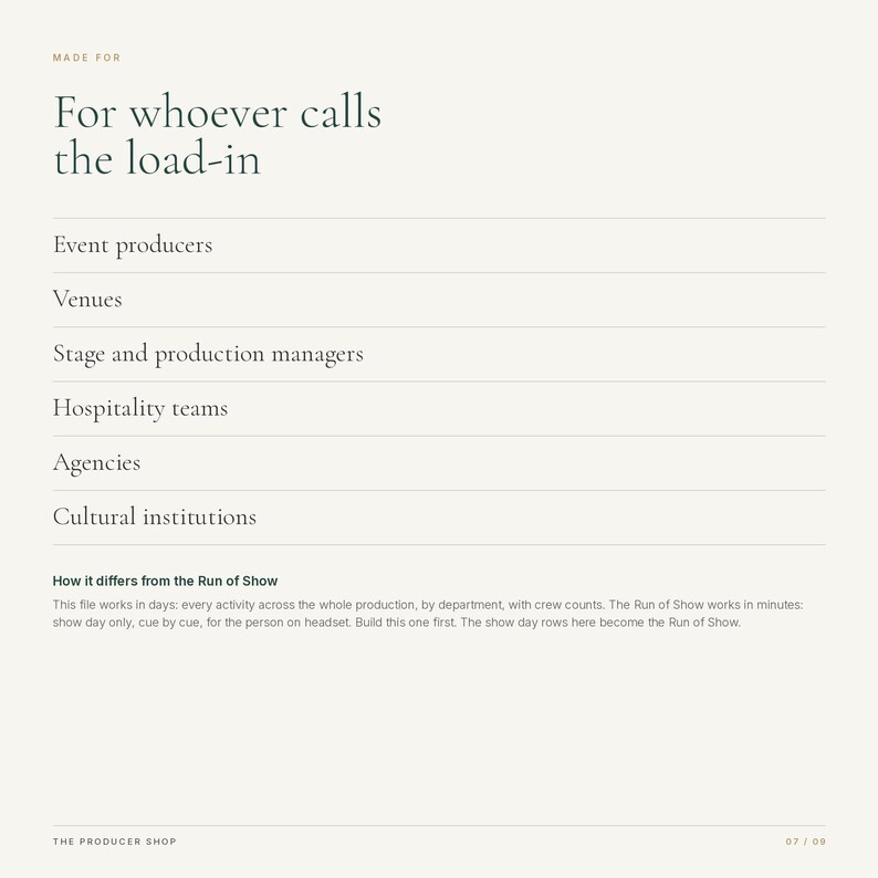 May include: A light-colored informational document titled Made for For whoever calls the load-in. It lists target audiences including event producers, venues, stage and production managers, hospitality teams, agencies, and cultural institutions.
