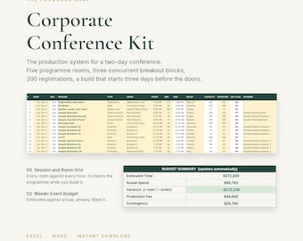 Conference Planning Template | Multi-Day Corporate Event System with Session and Room Grid, Breakout Scheduling and Run of Show