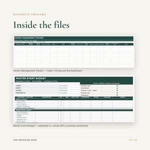 K&ouml;nnte beinhalten: Eine digitale Tabellenvorlage mit dem Titel Vendor Management Tracker und Master Event Budget. Der Tracker enth&auml;lt Spalten f&uuml;r Anbieterdetails und Status. Das Budgetblatt bietet Abschnitte f&uuml;r gesch&auml;tzte und tats&auml;chliche Kosten sowie ein Dashboard.