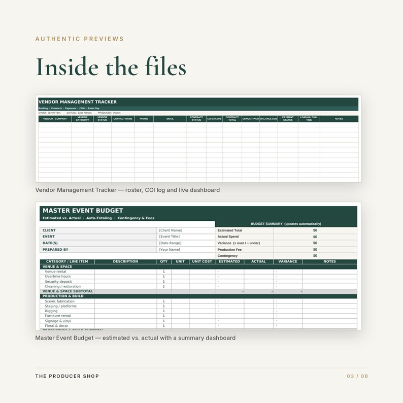 K&ouml;nnte beinhalten: Eine digitale Tabellenvorlage mit dem Titel Vendor Management Tracker und Master Event Budget. Der Tracker enth&auml;lt Spalten f&uuml;r Anbieterdetails und Status. Das Budgetblatt bietet Abschnitte f&uuml;r gesch&auml;tzte und tats&auml;chliche Kosten sowie ein Dashboard.