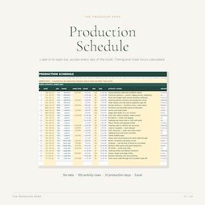 May include: A digital production schedule template in Excel format featuring a dark green header and light yellow rows. The table includes columns for date, phase, start and end times, activity scope, and department, with text detailing event logistics.