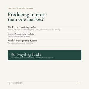 Op de afbeelding: Een digitaal document getiteld The Producer Shop Library met de tekst Producing in more than one market? Het bevat The Event Permitting Atlas, Event Production Toolkit, Vendor Management System en een donkergroen vak The Everything Bundle.