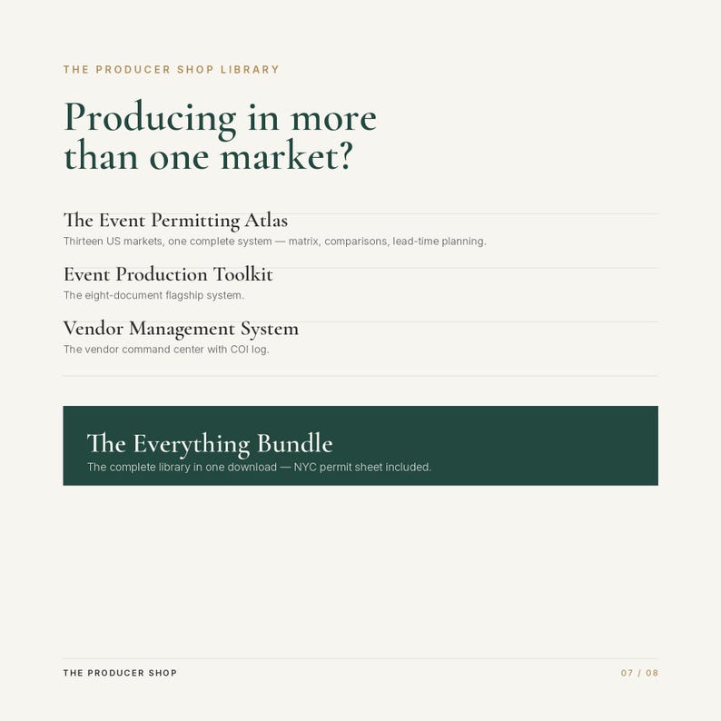 Op de afbeelding: Een digitaal document getiteld The Producer Shop Library met de tekst Producing in more than one market? Het bevat The Event Permitting Atlas, Event Production Toolkit, Vendor Management System en een donkergroen vak The Everything Bundle.