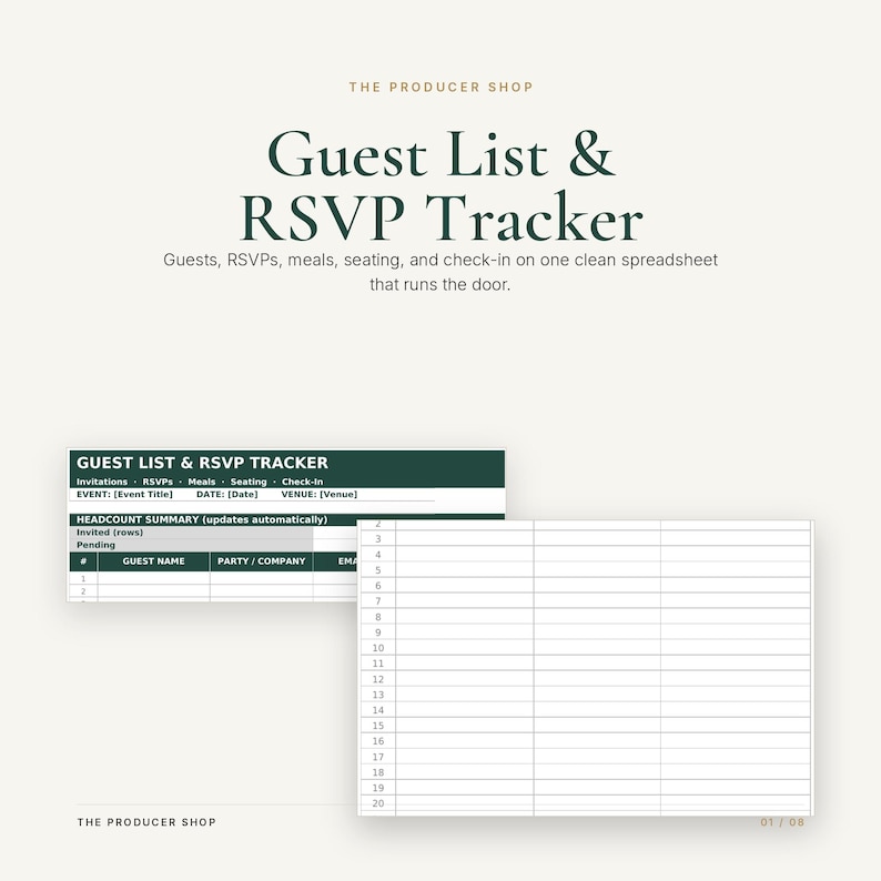 May include: A digital guest list and RSVP tracker spreadsheet template featuring dark green headers with white text. The layout includes sections for event details, headcount summaries, and numbered rows for guest names, party, company, and email information.