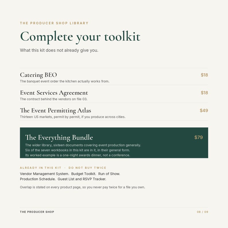 May include: A digital document list titled The Producer Shop Library Complete your toolkit. It lists items including Catering BEO, Event Services Agreement, The Event Permitting Atlas, and The Everything Bundle with descriptions and prices.