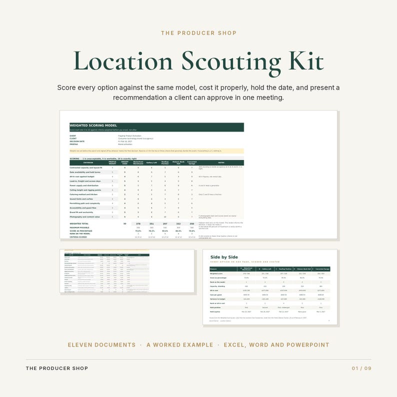K&ouml;nnte beinhalten: Ein digitales Location Scouting Kit von The Producer Shop mit einem gewichteten Bewertungsmodell, Vergleichstabellen und Projektmanagement-Vorlagen in Excel-, Word- und PowerPoint-Formaten f&uuml;r die professionelle Filmproduktion.