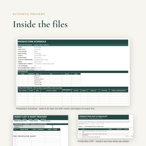 May include: A digital document template titled Authentic Previews Inside the files, featuring a dark green Production Schedule, a Guest List & RSVP Tracker, and a Production SOP & Checklist with organized tables for event management and planning.