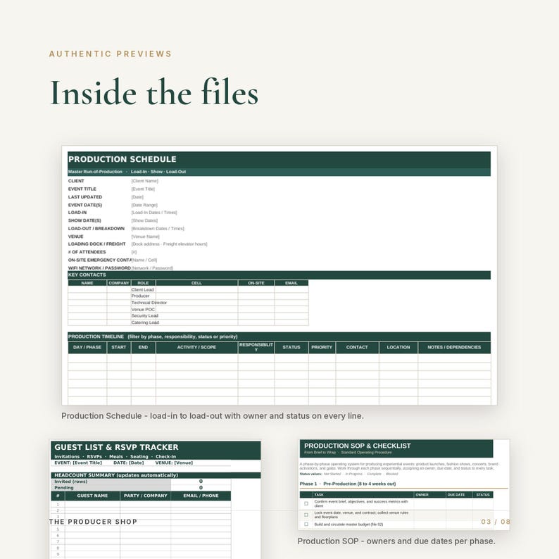 May include: A digital document template titled Authentic Previews Inside the files, featuring a dark green Production Schedule, a Guest List & RSVP Tracker, and a Production SOP & Checklist with organized tables for event management and planning.