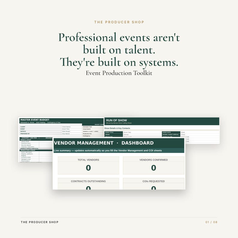 Może przedstawiać: Cyfrowy zestaw narzędzi do produkcji wydarzeń z tekstem: Professional events aren't built on talent. They're built on systems. Zawiera gł&oacute;wny budżet wydarzenia, harmonogram oraz pulpit nawigacyjny do zarządzania dostawcami.