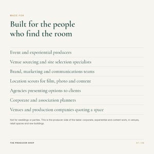 K&ouml;nnte beinhalten: Eine wei&szlig;e Informationsgrafik mit dunkelgr&uuml;nem Text: MADE FOR Built for the people who find the room. Sie listet berufliche Rollen auf, darunter Veranstaltungsproduzenten, Standortspezialisten und Location Scouts, und endet mit THE PRODUCER SHOP 07/09.