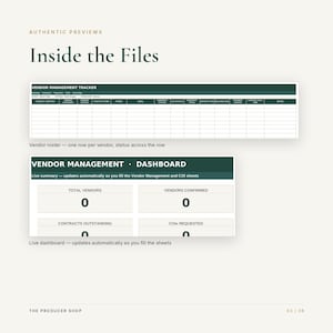 May include: A digital vendor management tracker and dashboard template featuring a dark green header with white text. The tracker includes columns for vendor details and status, while the dashboard displays summary metrics for vendors.