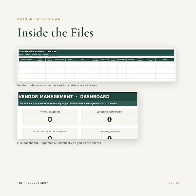 May include: A digital vendor management tracker and dashboard template featuring a dark green header with white text. The tracker includes columns for vendor details and status, while the dashboard displays summary metrics for vendors.