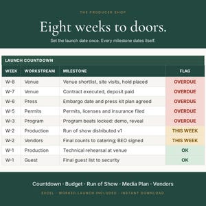Product Launch Event Planning Template | Launch Countdown, Press and Media Plan, Run of Show, Budget and Vendor Tracker | Excel and Word