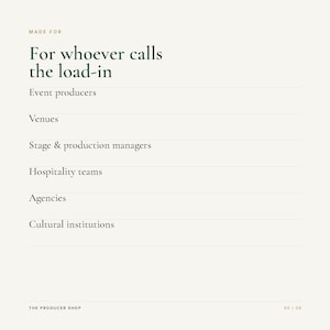 May include: A light-colored informational graphic with dark green text that reads: MADE FOR, For whoever calls the load-in, Event producers, Venues, Stage & production managers, Hospitality teams, Agencies, Cultural institutions, THE PRODUCER SHOP, 05 / 08.