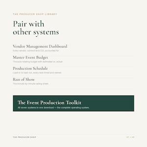 May include: A digital document page titled The Producer Shop Library, Pair with other systems. It lists a Vendor Management Dashboard, Master Event Budget, Production Schedule, and Run of Show. A dark green banner highlights The Event Production Toolkit.
