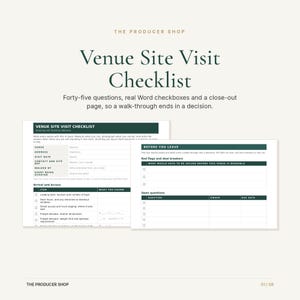 Puede incluir: Un documento de lista de verificaci&oacute;n para visitas a lugares con cuarenta y cinco preguntas, casillas de verificaci&oacute;n y una p&aacute;gina de cierre. El texto incluye encabezados como Venue Site Visit Checklist, Arrival and Access y Open questions.