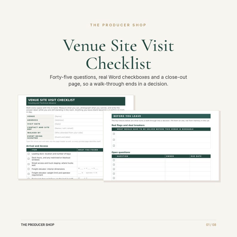 Puede incluir: Un documento de lista de verificaci&oacute;n para visitas a lugares con cuarenta y cinco preguntas, casillas de verificaci&oacute;n y una p&aacute;gina de cierre. El texto incluye encabezados como Venue Site Visit Checklist, Arrival and Access y Open questions.