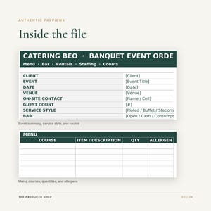 May include: A digital template document titled Catering BEO Banquet Event Order with sections for client, event, date, venue, contact, guest count, service style, and bar. A second section labeled Menu includes columns for course, item, description, quantity, and allergen.